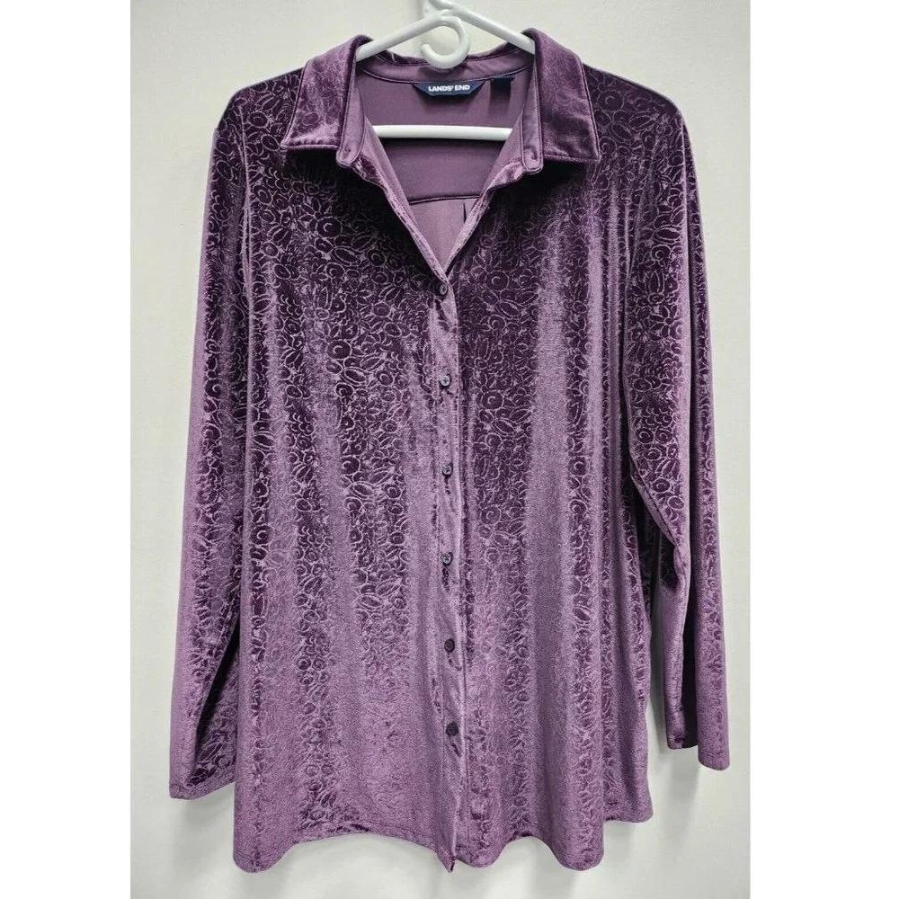 Lands End Burnout Velvet Button Up Shirt Womens XL Purple Floral Long Sleeve